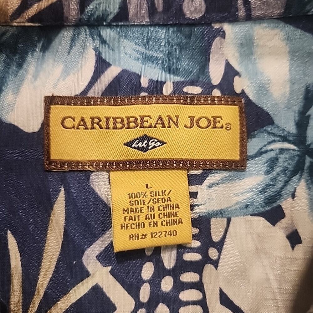 Caribbean Joe Mens 100% Silk Blue Tropical Short Sleeve Button-up Shirt L Hawaii - Picture 5 of 10